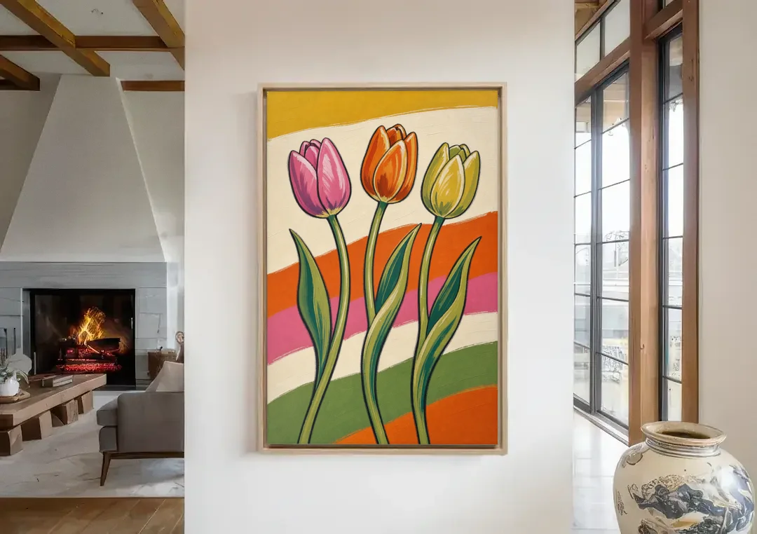 Wavy Retro Dancing Tulip Trio canvas wall art in a living room with a fireplace