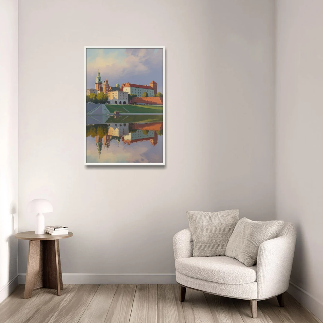 Wawel Castle Majesty - White Framed Canvas Wall Art - Sofa - 24x36