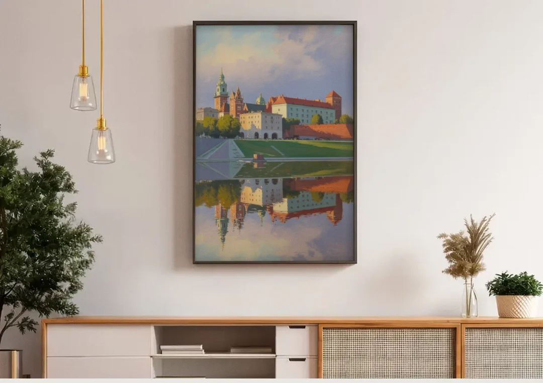 Wawel Castle Majesty canvas wall art above a wooden sideboard under pendant lights
