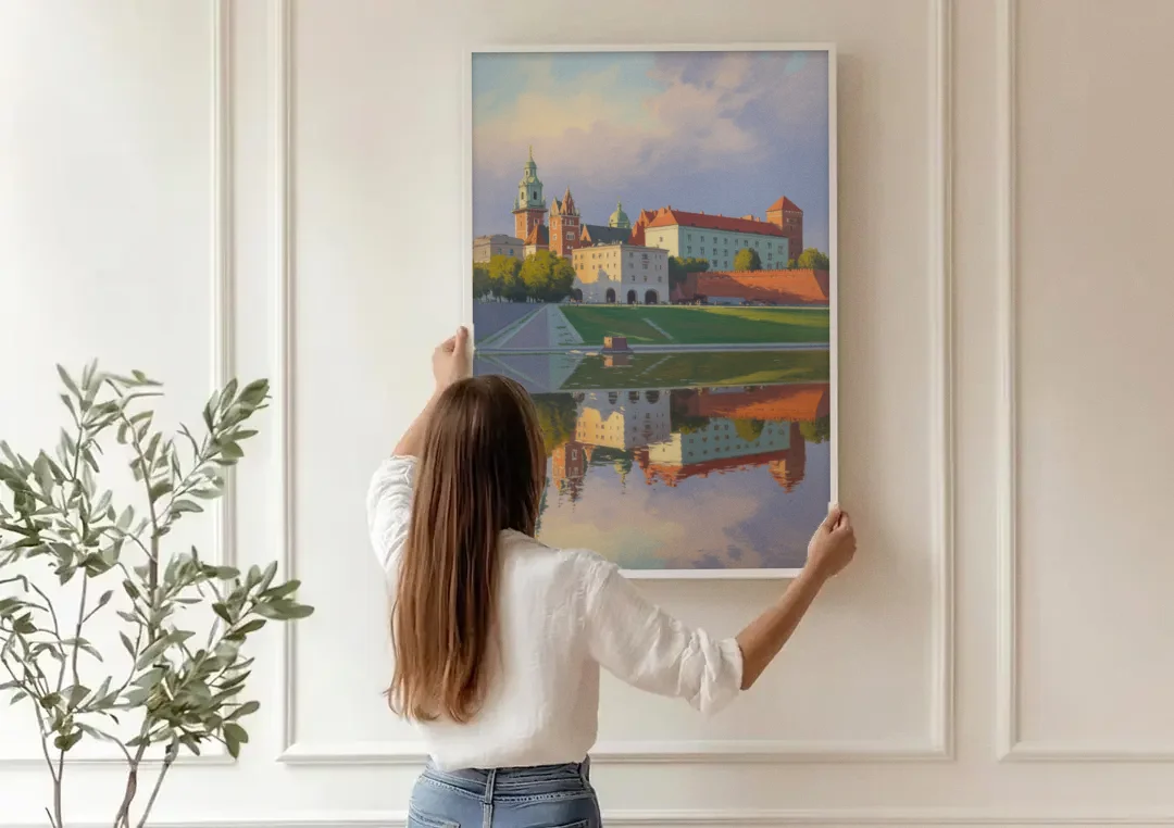Wawel Castle Majesty canvas wall art being hung on a paneled wall