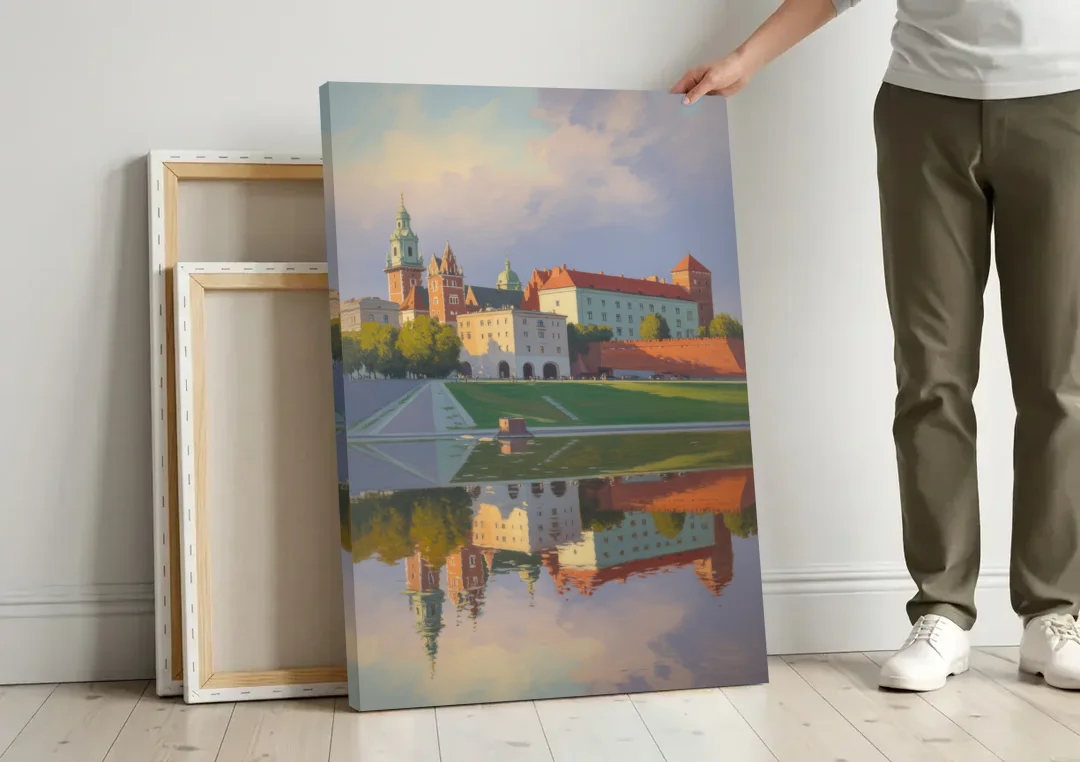 Wawel Castle Majesty canvas wall art leaning against a wall next to blank canvases