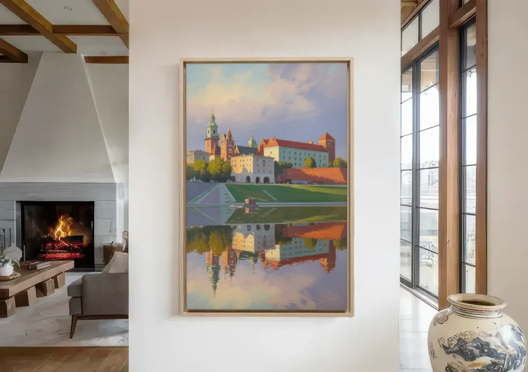 Wawel Castle Majesty canvas wall art in a living room with a fireplace