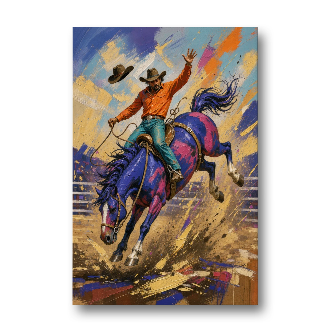 Western Art Prints of a Bronc Rider Thrown High - Canvas Wall Art - Front