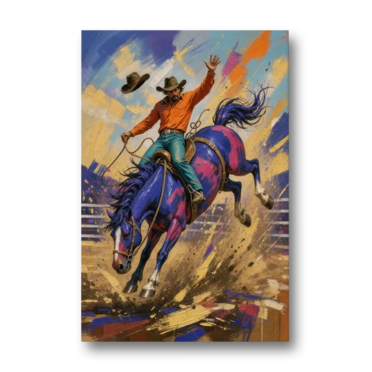 Western Art Prints of a Bronc Rider Thrown High - Canvas Wall Art - Front