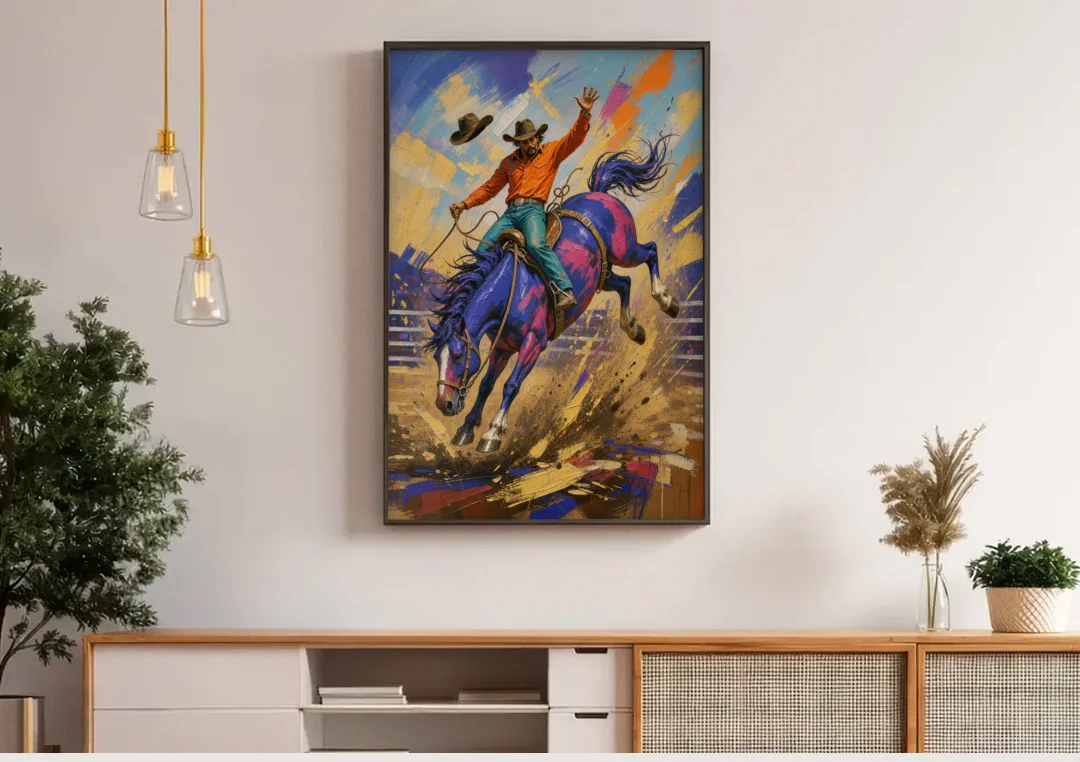 Western Art Prints of a Bronc Rider Thrown High canvas wall art above a wooden sideboard under pendant lights