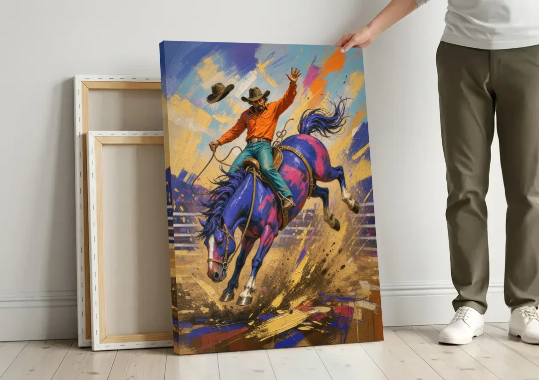 Western Art Prints of a Bronc Rider Thrown High canvas wall art leaning against a wall next to blank canvases