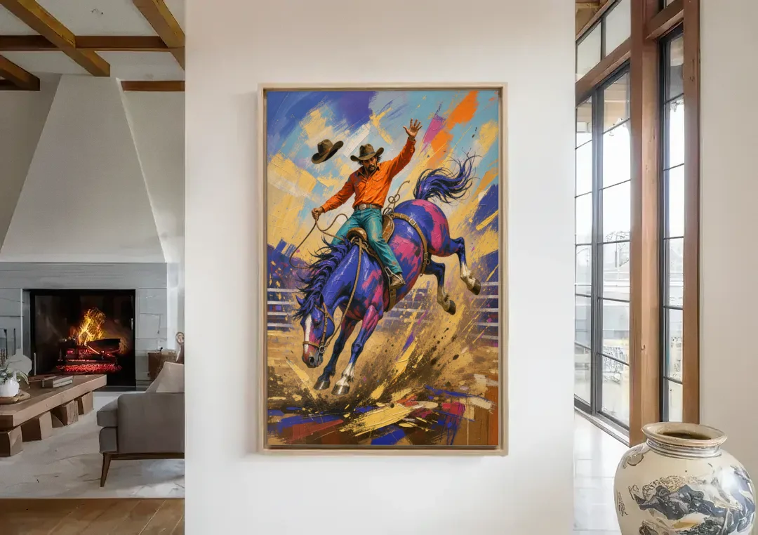 Western Art Prints of a Bronc Rider Thrown High canvas wall art in a living room with a fireplace