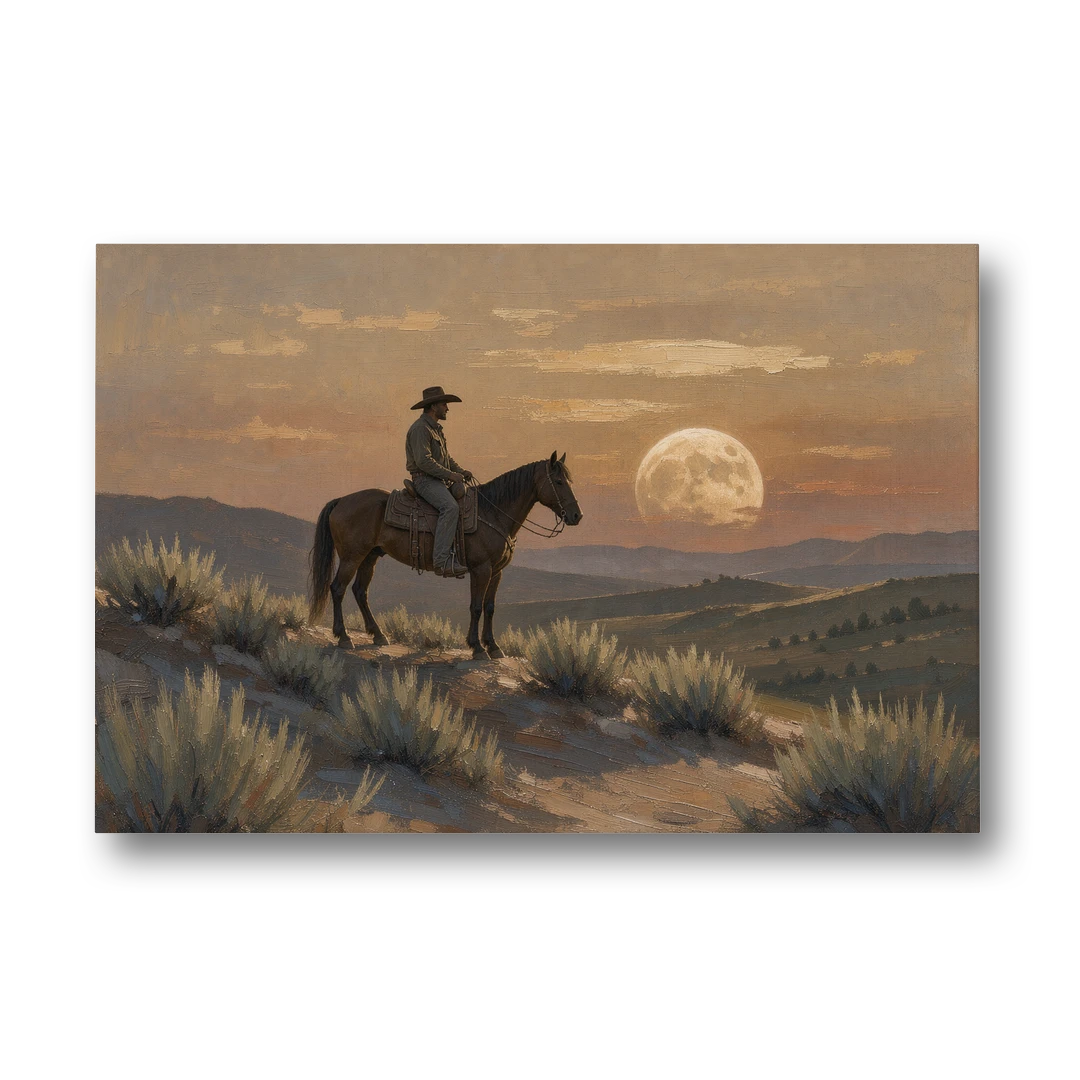 Western Decor for Living Room Rider Under the Moon - Canvas Wall Art - Front