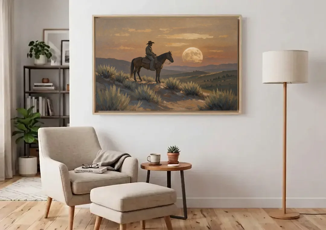 Western Decor for Living Room Rider Under the Moon canvas wall art above an armchair in a bright living room