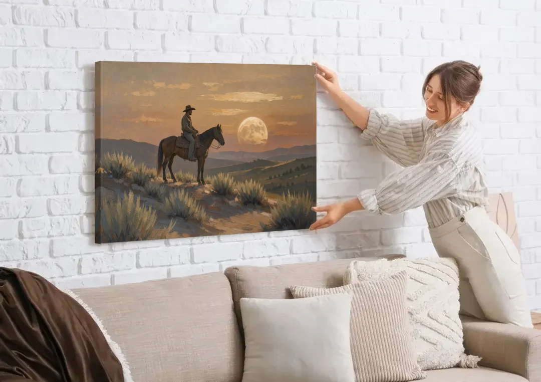 Western Decor for Living Room Rider Under the Moon canvas wall art being hung on a white brick wall above a sofa