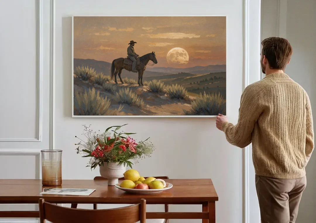 Western Decor for Living Room Rider Under the Moon canvas wall art above a dining table