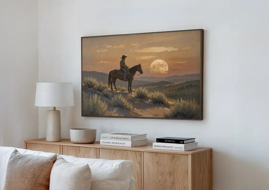 Western Decor for Living Room Rider Under the Moon canvas wall art above a wooden sideboard next to a sofa