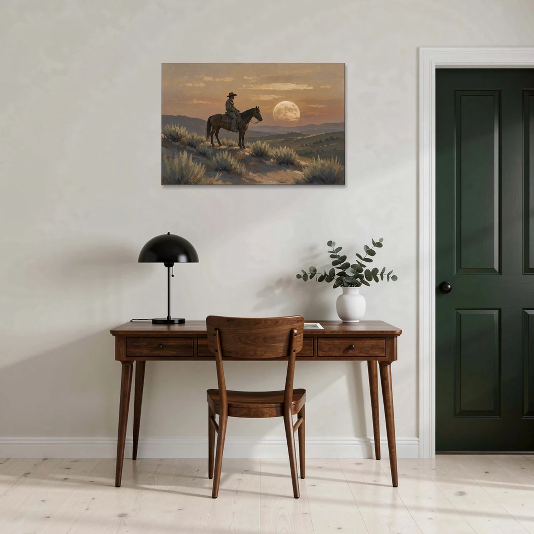 Western Decor for Living Room Rider Under the Moon - Canvas Wall Art - Office - 36x24