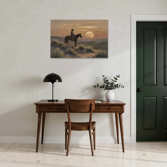 Western Decor for Living Room Rider Under the Moon - Canvas Wall Art - Office - 36x24
