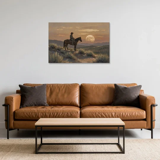 Western Decor for Living Room Rider Under the Moon - Canvas Wall Art - Sofa - 36x24