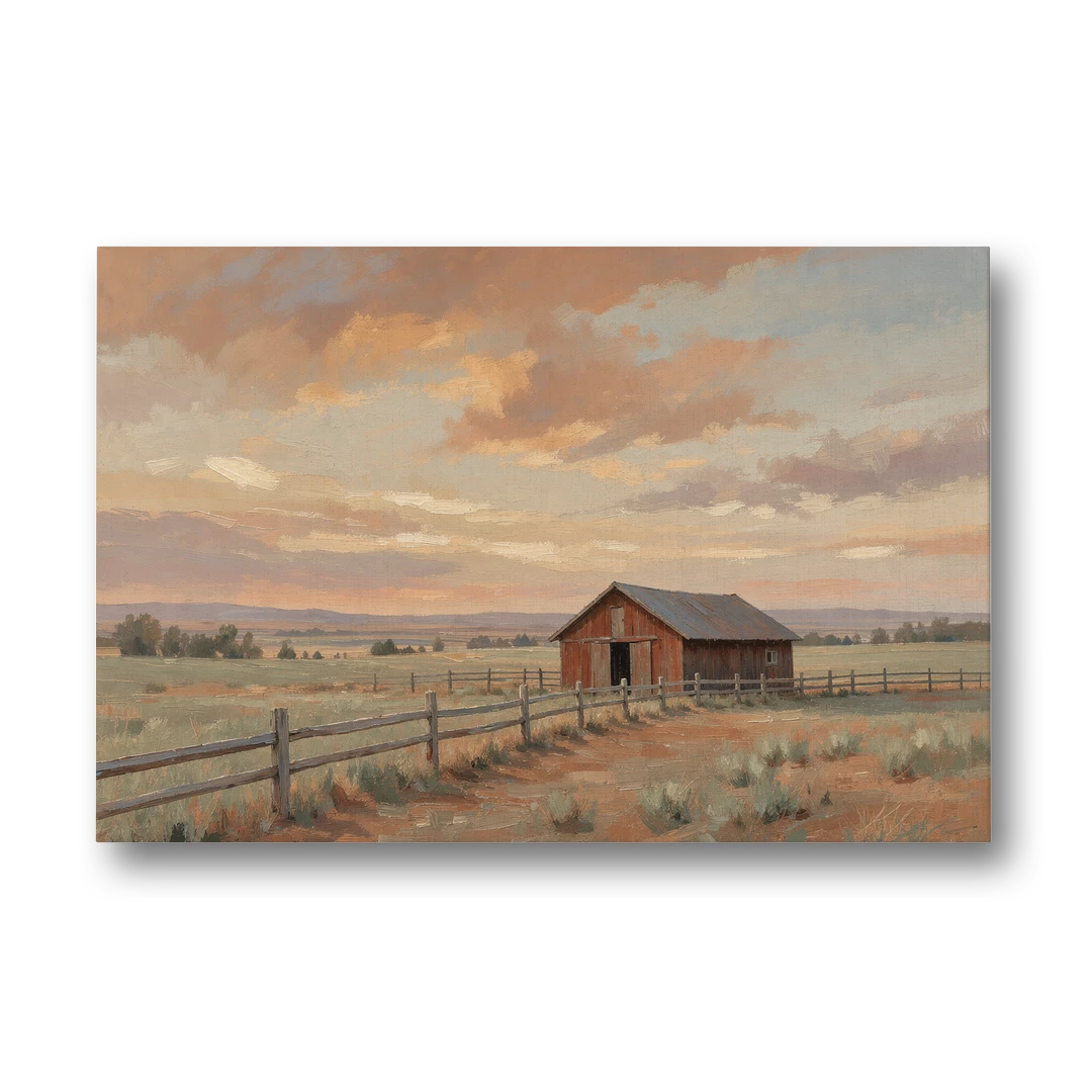 Western Landscape Painting with Lone Red Barn - Canvas Wall Art - Front