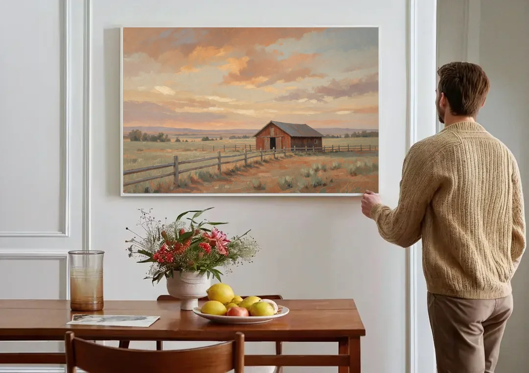 Western Landscape Painting with Lone Red Barn canvas wall art above a dining table