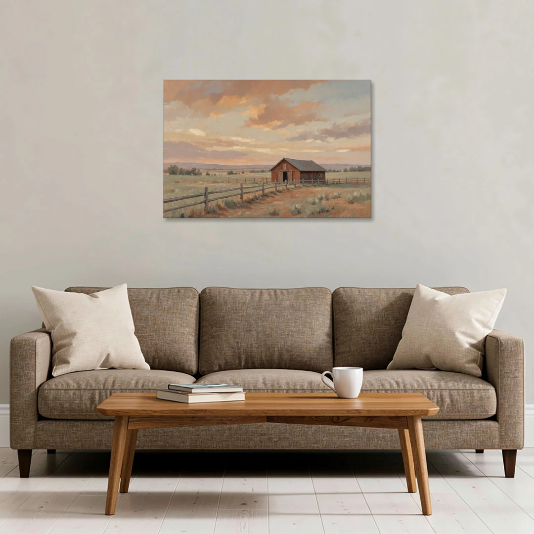 Western Landscape Painting with Lone Red Barn - Canvas Wall Art - Sofa - 36x24