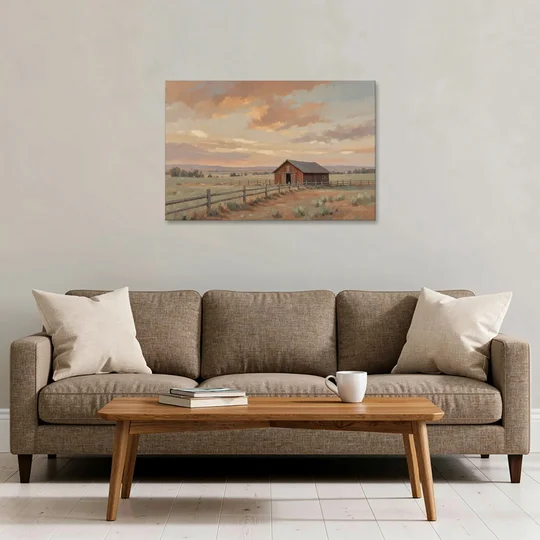 Western Landscape Painting with Lone Red Barn - Canvas Wall Art - Sofa - 36x24