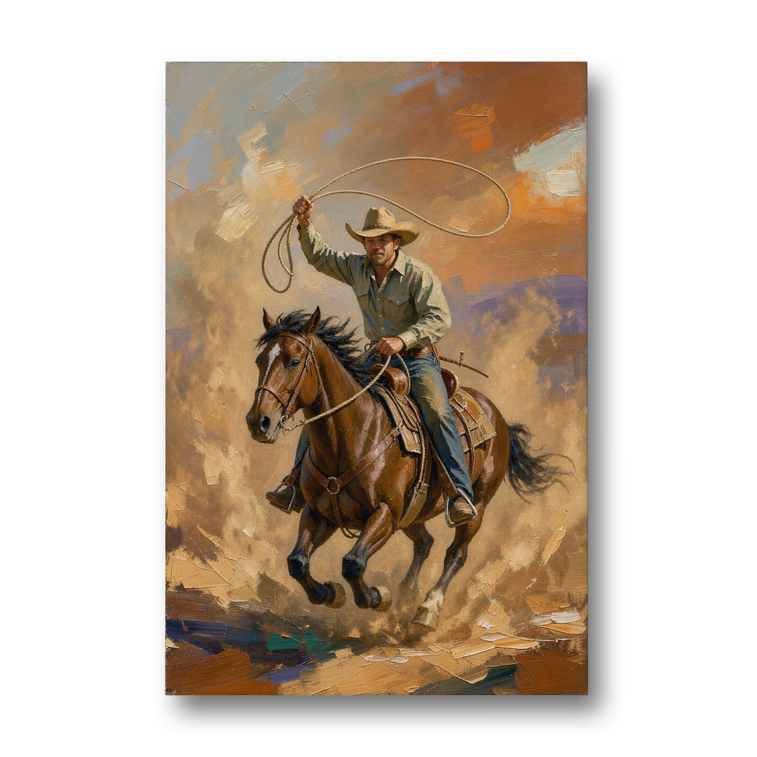 Western Oil Painting of a Lasso at Full Gallop - Canvas Wall Art - Front