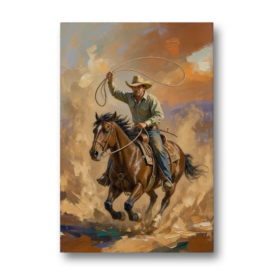 Western Oil Painting of a Lasso at Full Gallop - Canvas Wall Art - Front