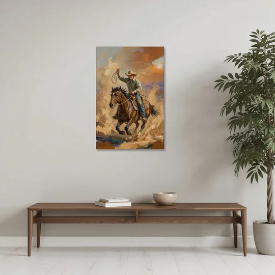 Western Oil Painting of a Lasso at Full Gallop - Canvas Wall Art - Coffee Table - 24x36
