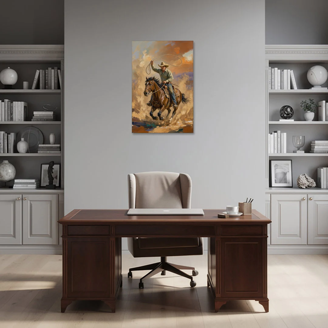 Western Oil Painting of a Lasso at Full Gallop - Canvas Wall Art - Office - 24x36