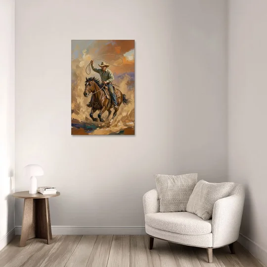 Western Oil Painting of a Lasso at Full Gallop - Canvas Wall Art - Sofa - 24x36
