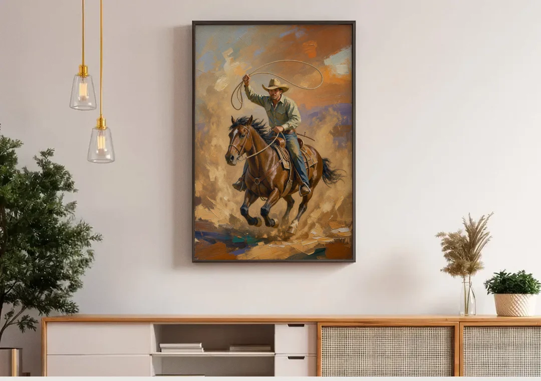 Western Oil Painting of a Lasso at Full Gallop canvas wall art above a wooden sideboard under pendant lights