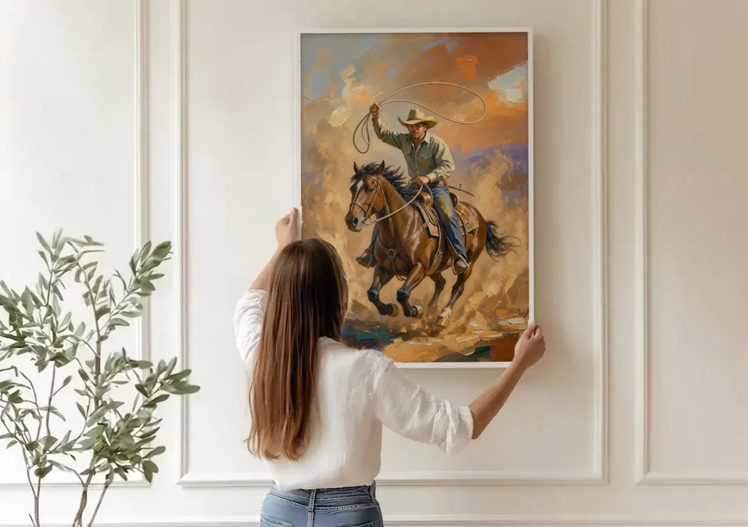 Western Oil Painting of a Lasso at Full Gallop canvas wall art being hung on a paneled wall