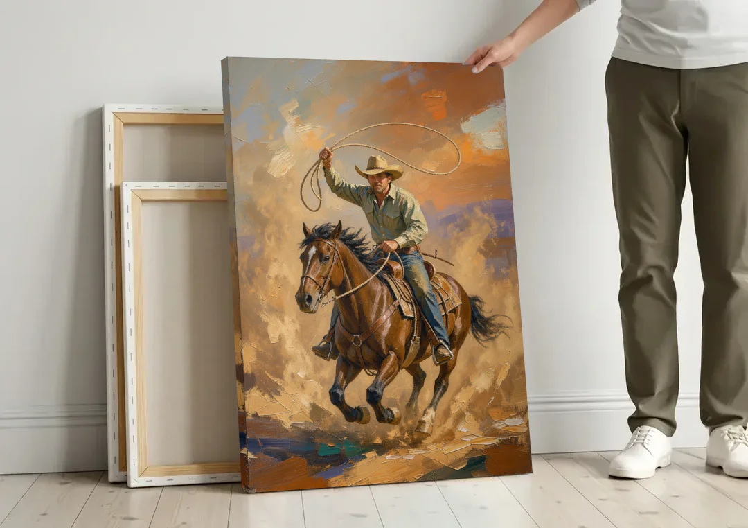 Western Oil Painting of a Lasso at Full Gallop canvas wall art leaning against a wall next to blank canvases