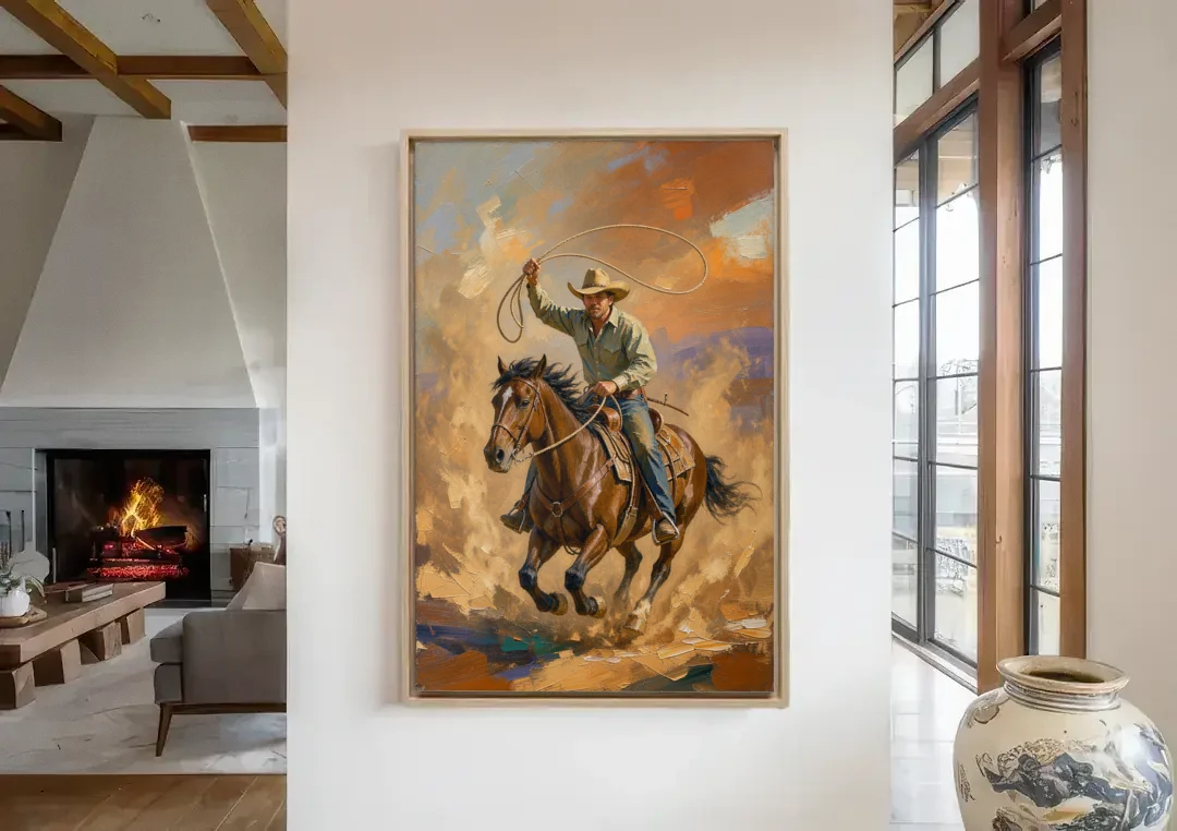 Western Oil Painting of a Lasso at Full Gallop canvas wall art in a living room with a fireplace