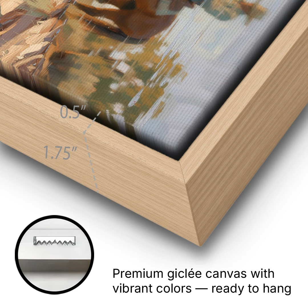 Western Wall Art for Bedroom Rider at the Creek - Oak Framed Canvas Wall Art - Gallery Wrap Corner