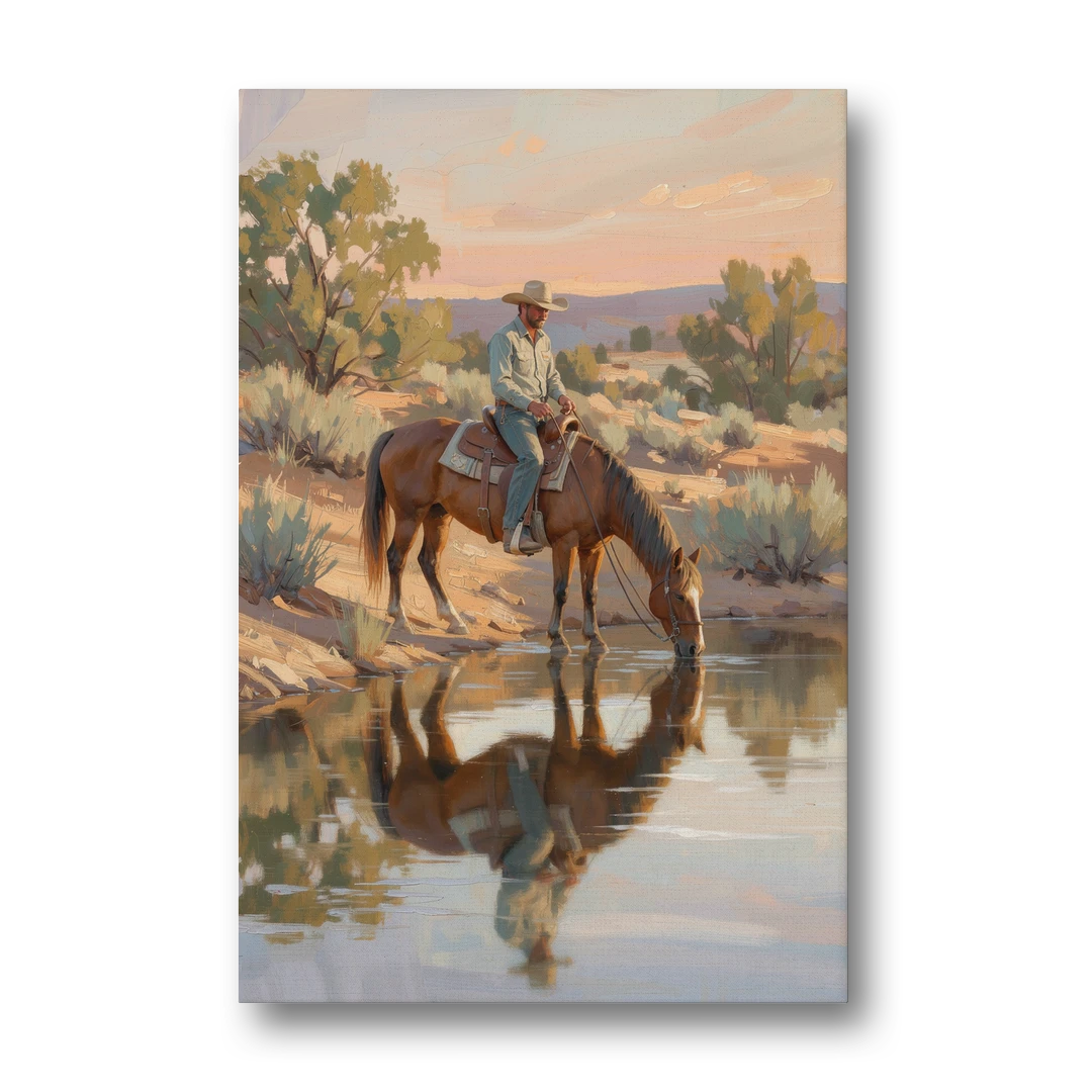 Western Wall Art for Bedroom Rider at the Creek - Canvas Wall Art - Front