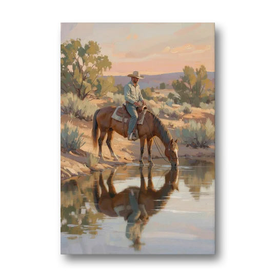 Western Wall Art for Bedroom Rider at the Creek - Canvas Wall Art - Front