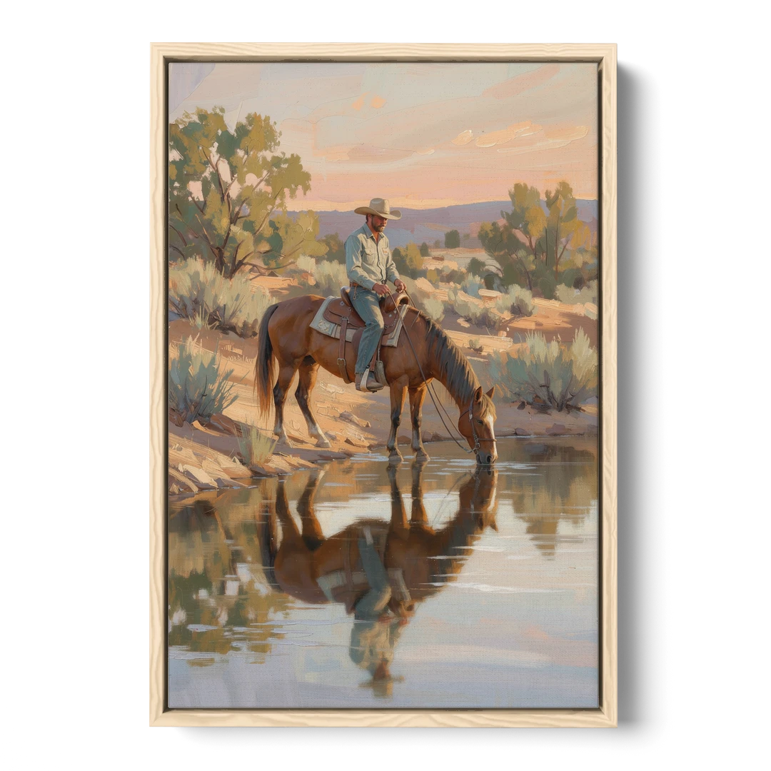 Western Wall Art for Bedroom Rider at the Creek - Oak Framed Canvas Wall Art - Front