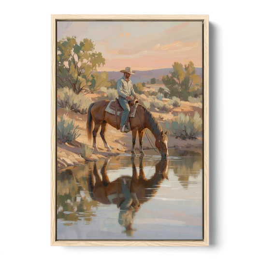 Western Wall Art for Bedroom Rider at the Creek - Oak Framed Canvas Wall Art - Front