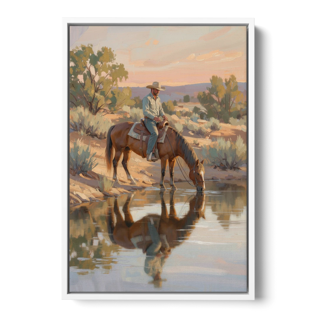 Western Wall Art for Bedroom Rider at the Creek - White Framed Canvas Wall Art - Front