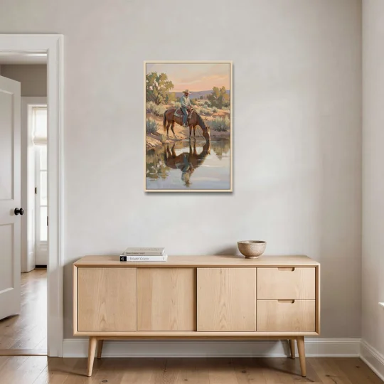 Western Wall Art for Bedroom Rider at the Creek - Oak Framed Canvas Wall Art - Coffee Table - 24x36