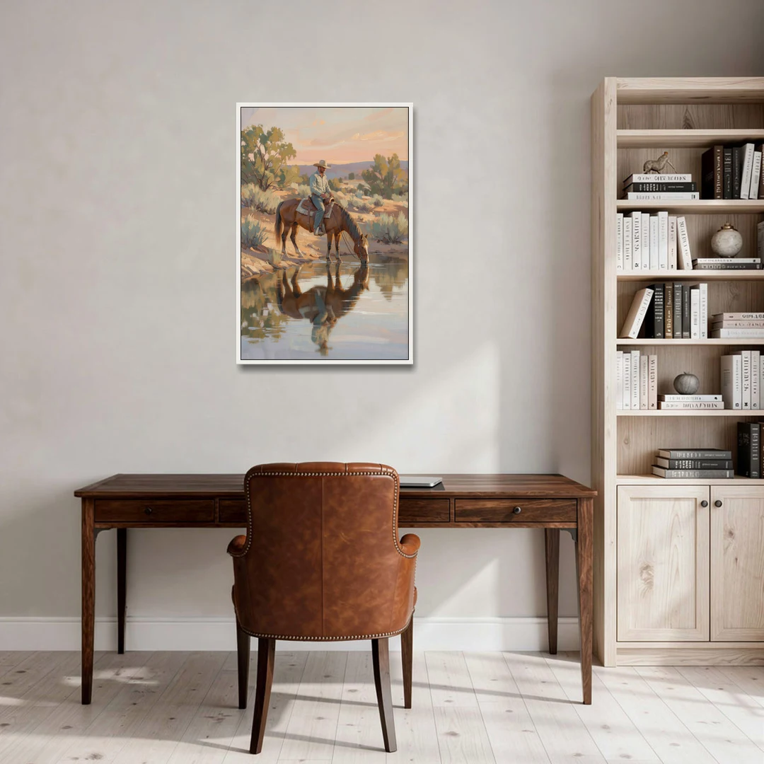 Western Wall Art for Bedroom Rider at the Creek - White Framed Canvas Wall Art - Office - 24x36