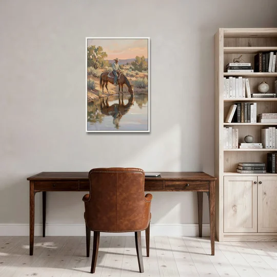 Western Wall Art for Bedroom Rider at the Creek - White Framed Canvas Wall Art - Office - 24x36