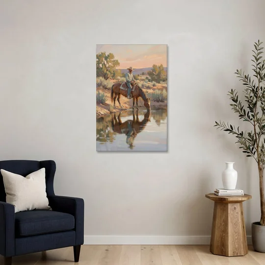 Western Wall Art for Bedroom Rider at the Creek - Canvas Wall Art - Sofa - 24x36