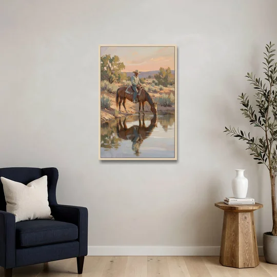 Western Wall Art for Bedroom Rider at the Creek - Oak Framed Canvas Wall Art - Sofa - 24x36