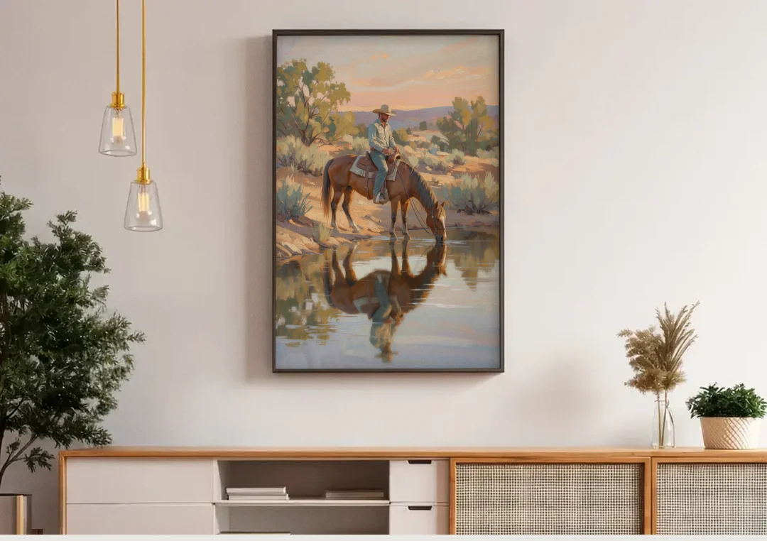 Western Wall Art for Bedroom Rider at the Creek canvas wall art above a wooden sideboard under pendant lights