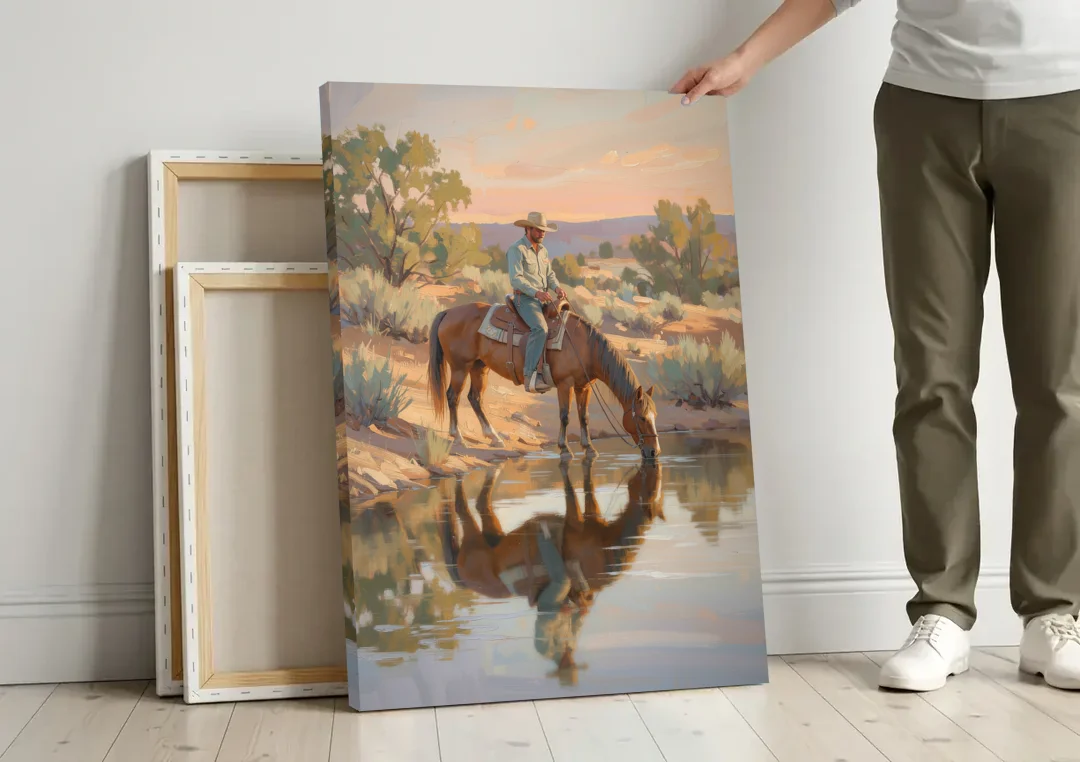 Western Wall Art for Bedroom Rider at the Creek canvas wall art leaning against a wall next to blank canvases