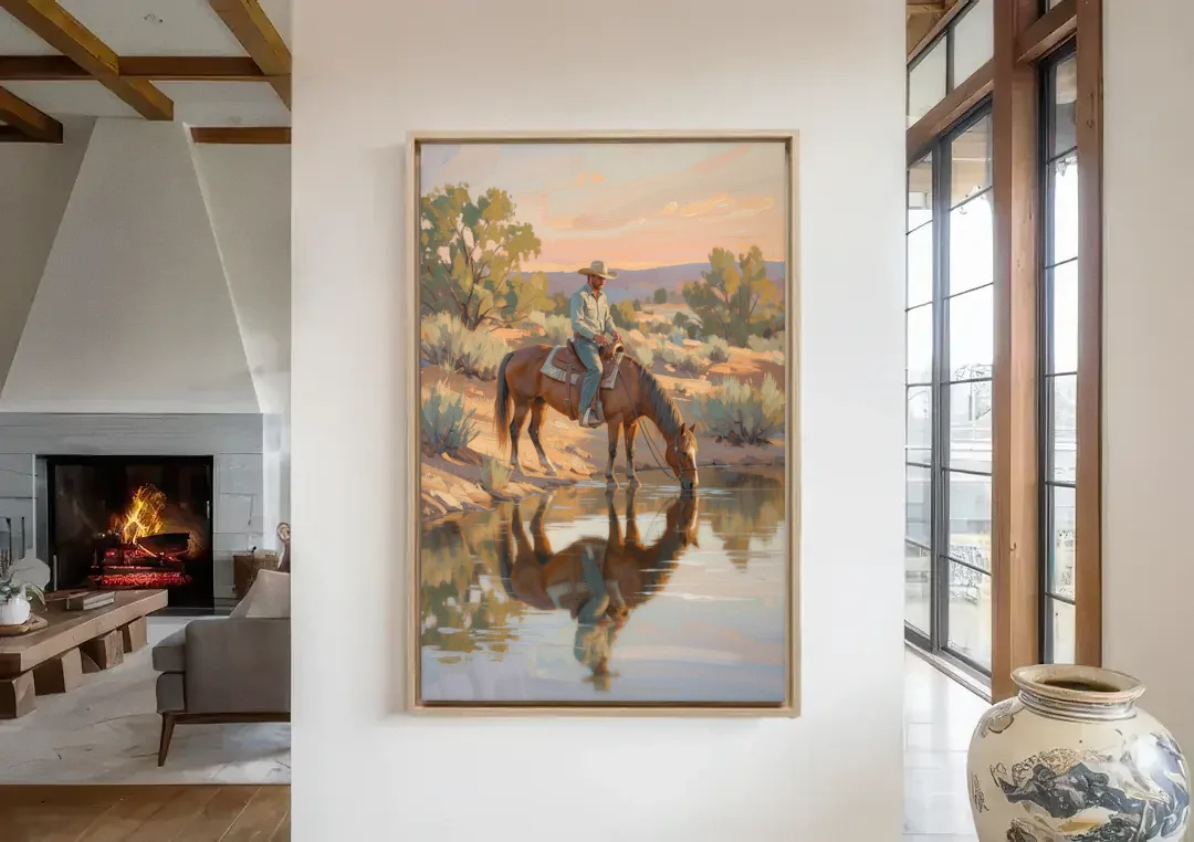Western Wall Art for Bedroom Rider at the Creek canvas wall art in a living room with a fireplace