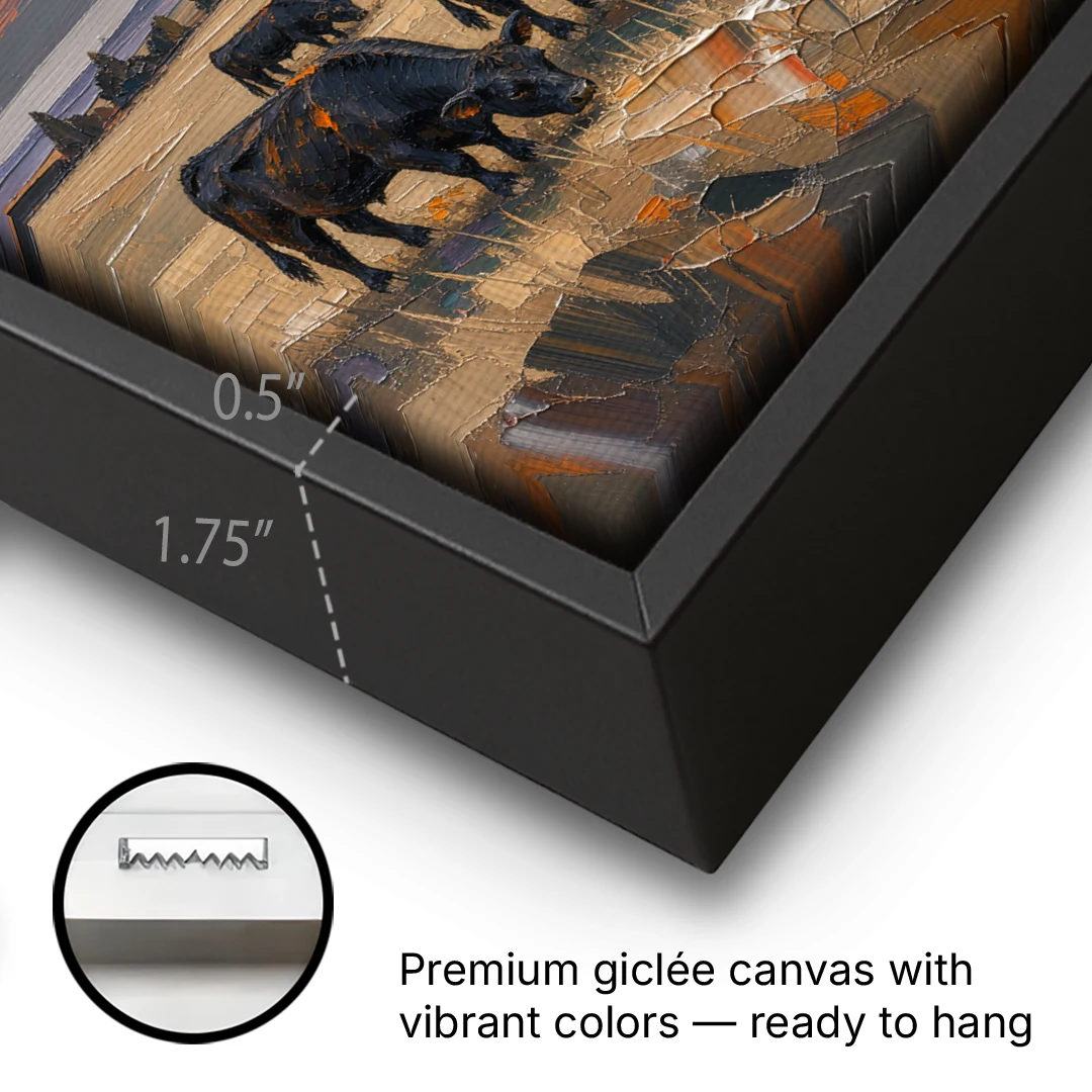 Western Wall Art of Angus Grazing at Sundown - Black Framed Canvas Wall Art - Gallery Wrap Corner