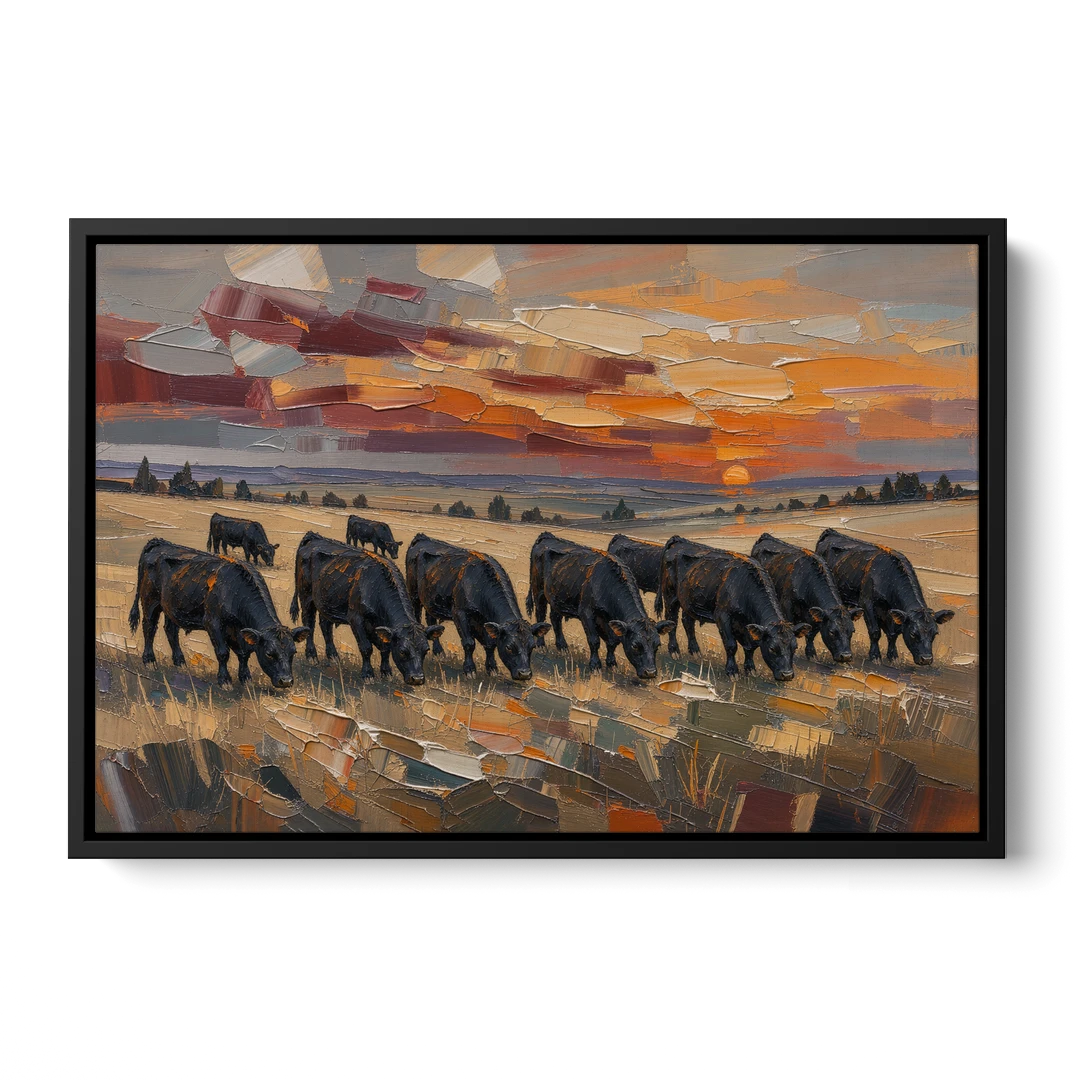 Western Wall Art of Angus Grazing at Sundown - Black Framed Canvas Wall Art - Front