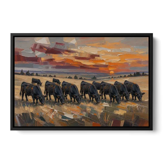 Western Wall Art of Angus Grazing at Sundown - Black Framed Canvas Wall Art - Front