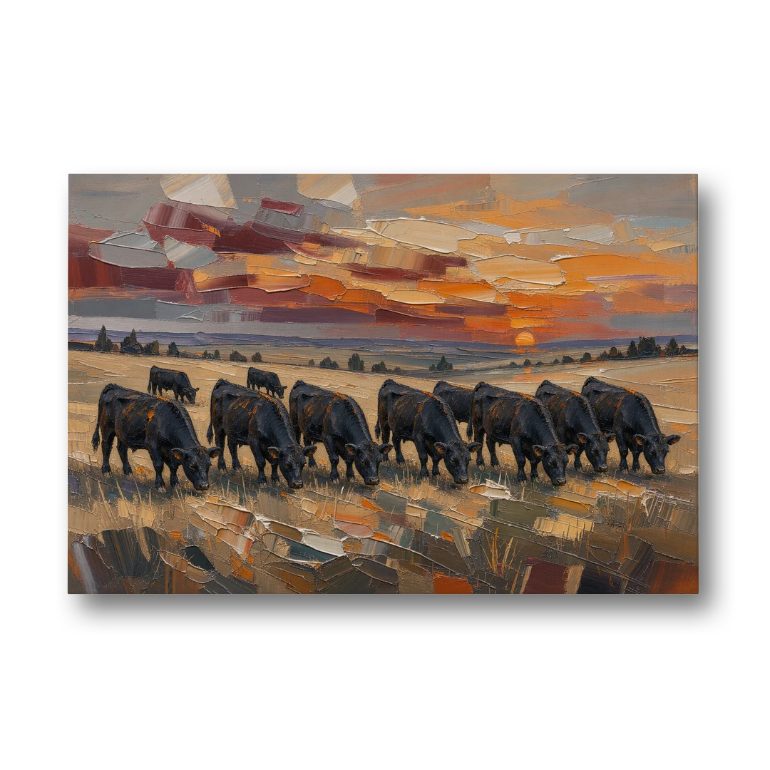 Western Wall Art of Angus Grazing at Sundown - Canvas Wall Art - Front